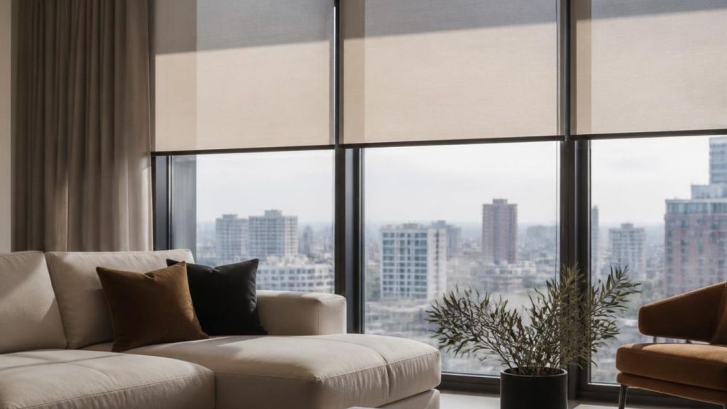 Modern living room featuring automated motorized shades in Naples, FL covering large floor-to-ceiling windows.